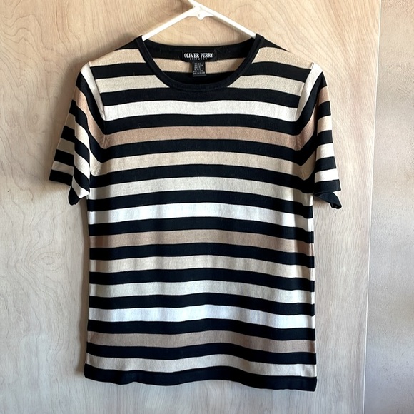 OLIVER PERRY Black White Tan Striped Silk Cotton Knit Top Women's Medium - Picture 1 of 11